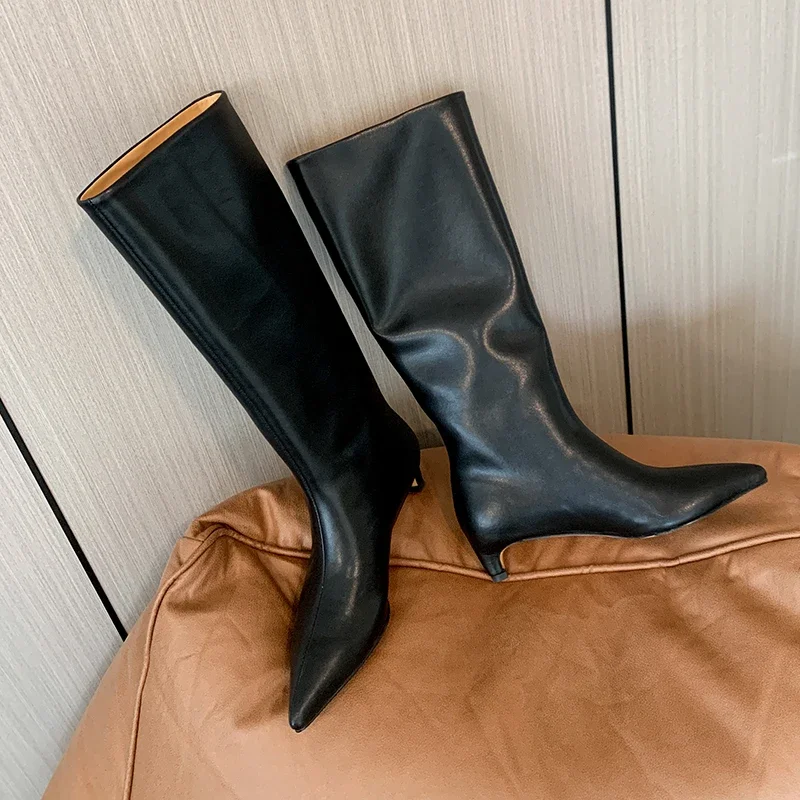 JOZHAMTA Size 34-40 Women Knee Boots Genuine Leather Kitten Heel Shoes For Women Winter 2023 Pointed Toe Wide Calf Slip On Boots