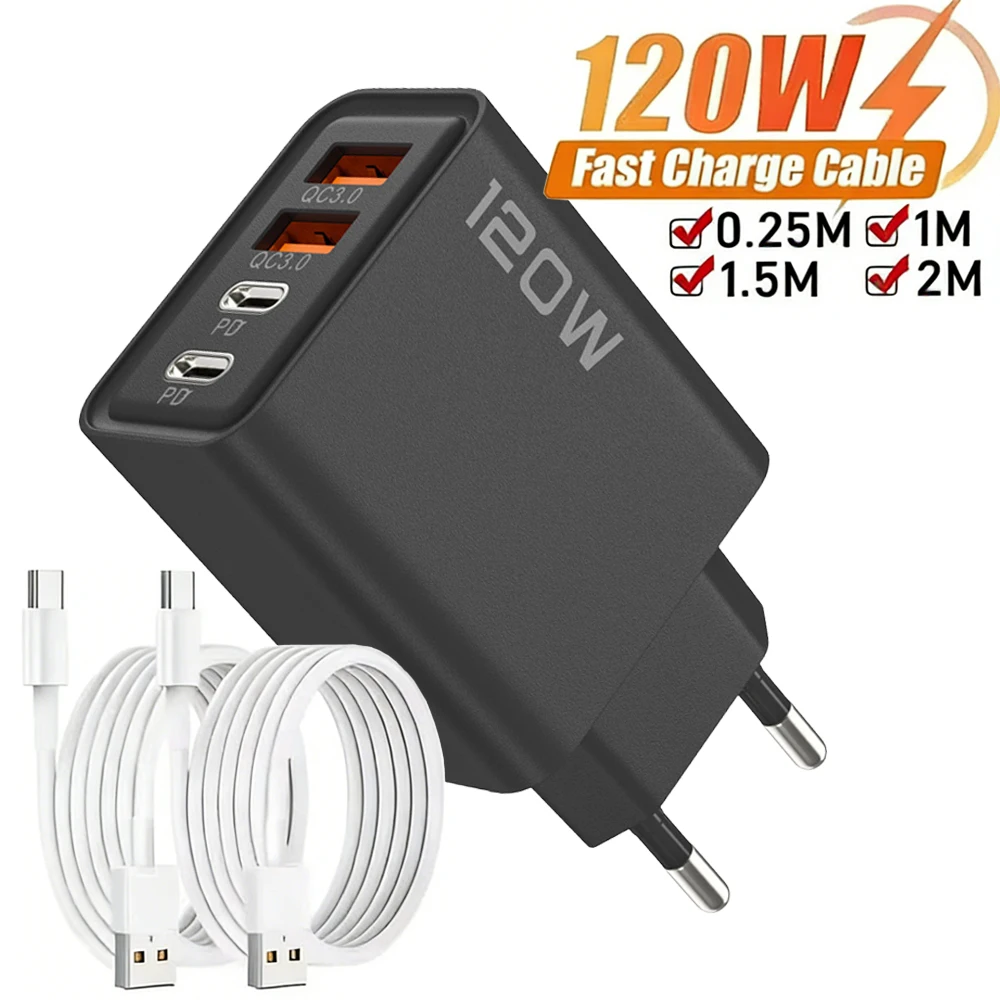 120W USB C Charger 4 Port Fast Charging Phone Charger 10A Type C Wire For iPhone Samsung Xiaomi EU/US/UK Plug Quick Wall Charger