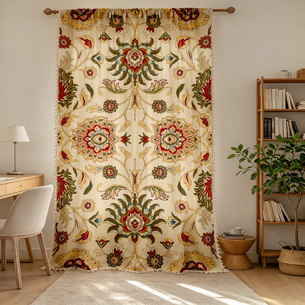 1PC Vintage Tassel Sheer Curtains, Beige Paisley Floral, Digital Print, Polyester, Bedroom Living Room Kitchen, Home Decor
