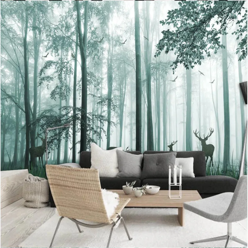 

Fantasy Misty Forest Mural Wallpapers for Living Room Walls 3D Watercolor Woods Elks and Birds Wandering Big Trees Wall Murals