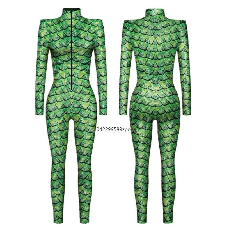 Animal Scales Peacock Feather Snake Skin Interesting Punk Gothic Women Sexy Halloween Slim Jumpsuit Cosplay Costume Bodysuit