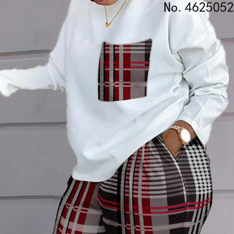 Women Spring Autumn Casual Loose 2 Piece Set Drawstring Design Pockets Plaid Print Long Sleeve Top & Pants Set