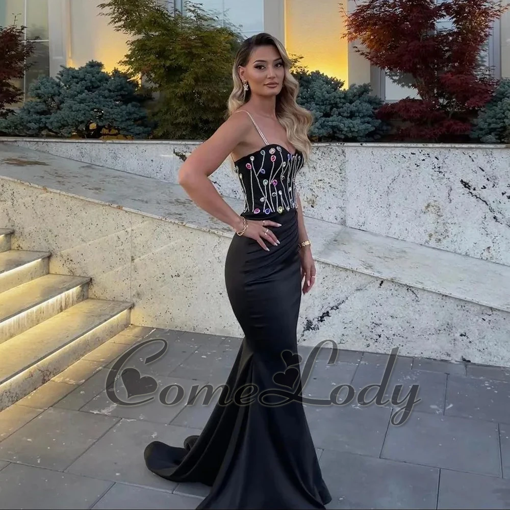 

Comelody Fashionable Satin Prom Dresses for Women Saudi Arabric Trumpet Spaghetti Straps Rhinestones Sweep Train Brush Train