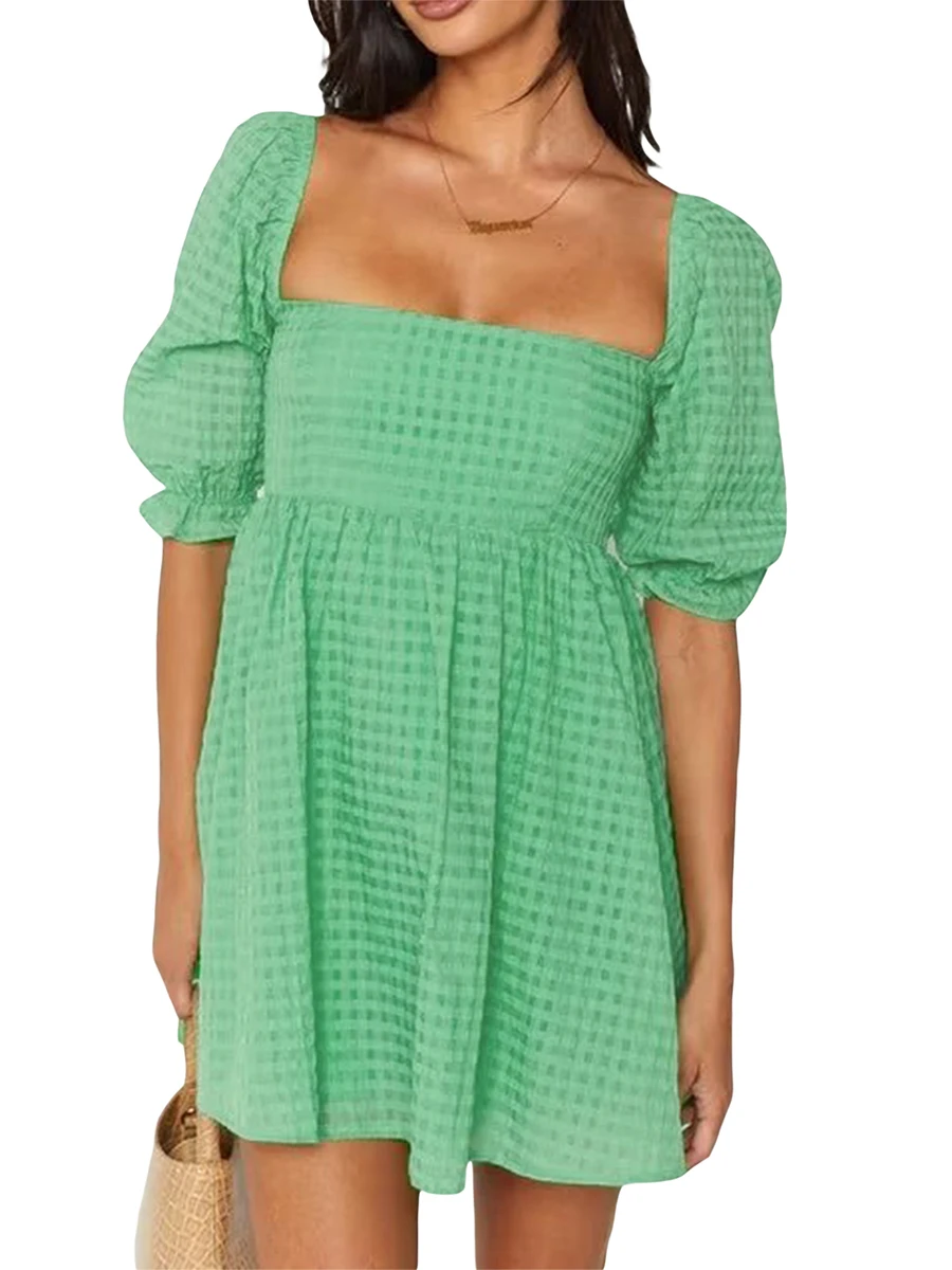 فستان قصير غير رسمي نسائي ، كم قصير منفوش ، رقبة مربعة ، ملابس حفلات ، صيف