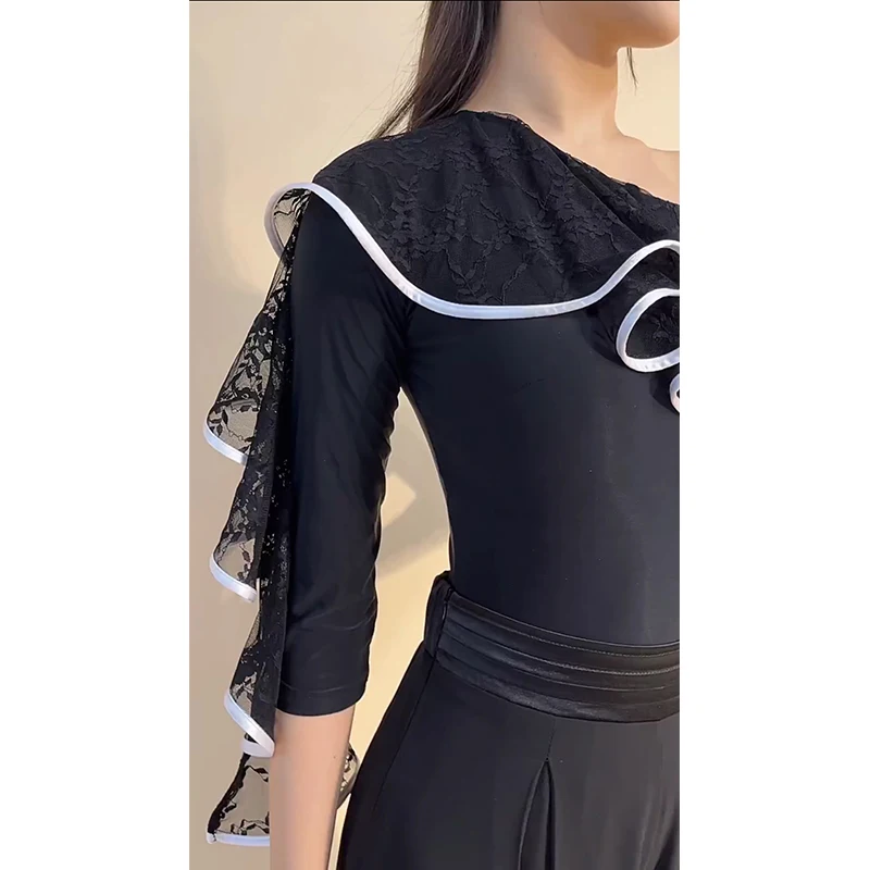 New Ballroom Dance Clothes Women Lace Oblique Collar Tops Chiffon Pants Latin Waltz Dance Practice Clothing Performance Wear