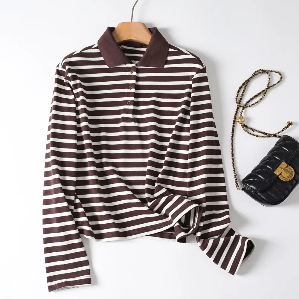 

Woman's Striped Knitted Pullover Lapel Contrast Color Long-sleeved Single-breasted Cropped Sweater Casual Autumn Female Top