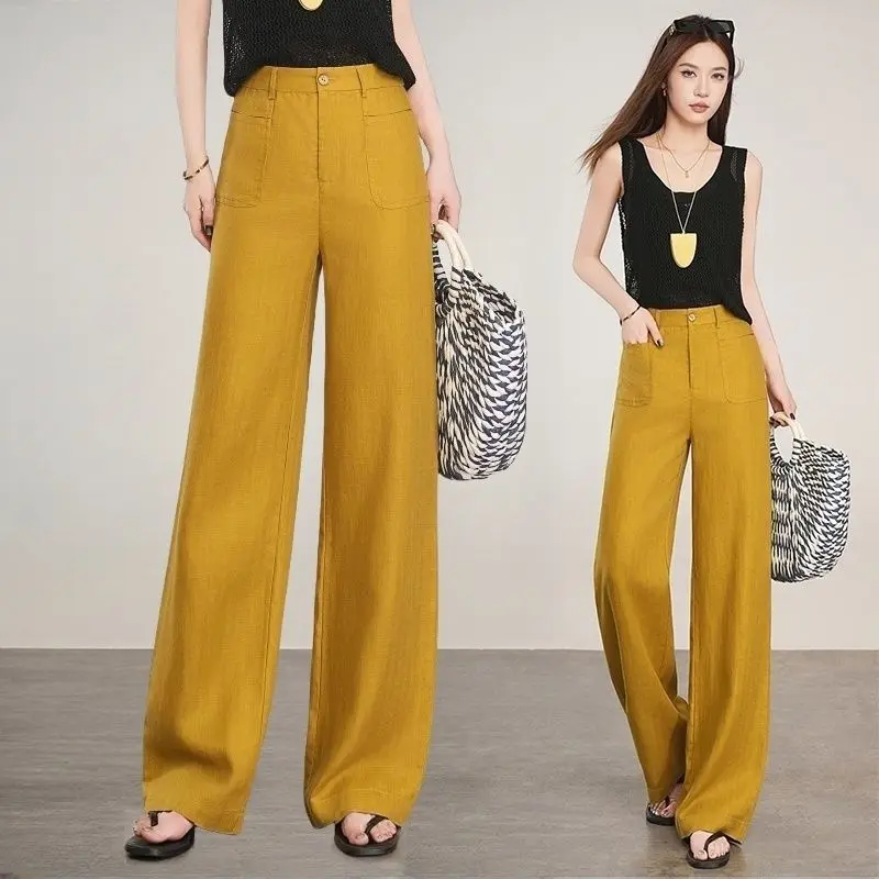 Lniane spodnie damskie z wąskimi prostymi nogawkami, luźne, z wysokim stanem, na lato, codzienne, szerokie, krótkie spodnie.