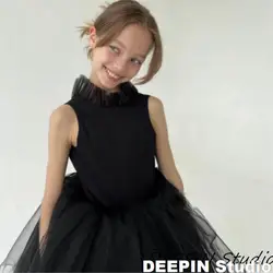 Girls Dress 2024 New Black White Dual Color Fly  Sleeved Open Back Ball Dress Classic Dance Performance Dress Girls Fluffy Skirt