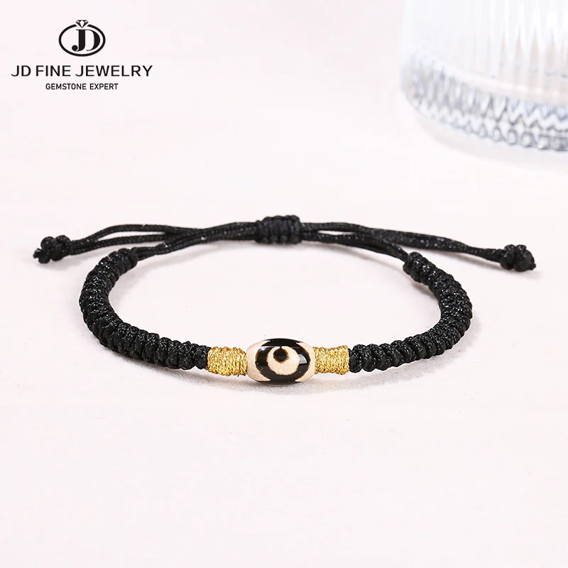 JD Natural Three Eyes Tibetan Dzi Agate Black Rope Woven Bracelet Women Men Vintage Simple Adjustable Bangles Yoga Prayer Gift