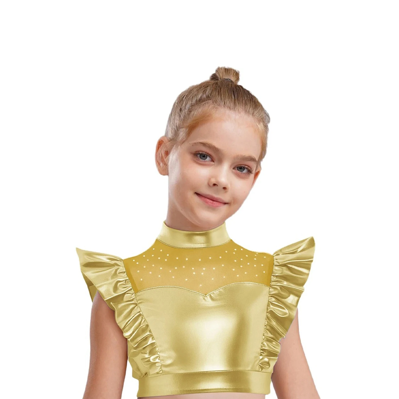 

Kids Girls 70s 80s Disco Jazz Dance Top Shiny Rhinestones Metallic Mock Neck Mesh Patchwork Sleeveless Ruffle Tank Crop Tops
