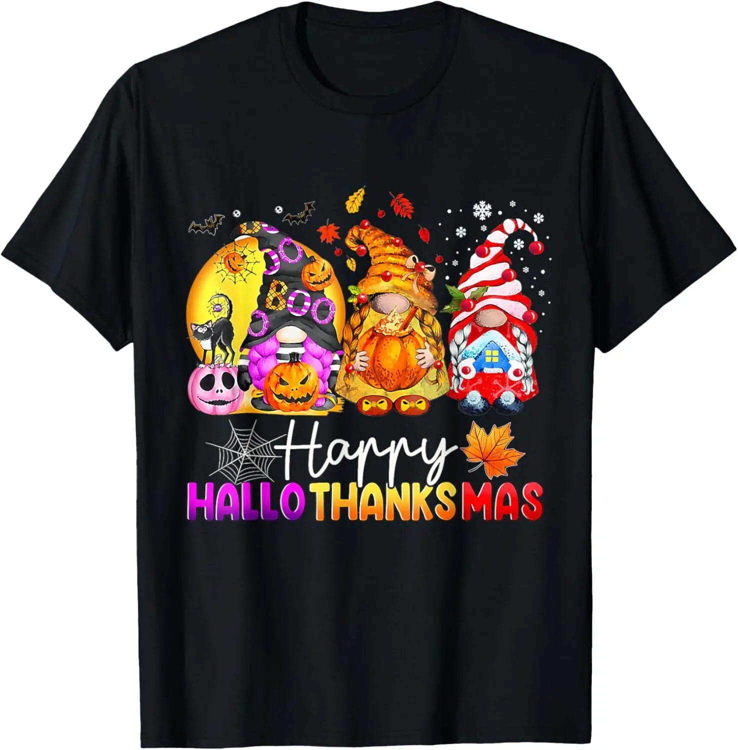 

Halloween Thanksgiving Christmas Happy HalloThanksMas Gnomes T-Shirt S-3XL