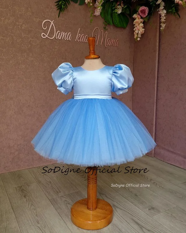 SoDigne A-line Satin/Tulle Flower Girl Dress O-neck Puffy Sleeves Skirt Girls Party Dresses Simple Kid Gown with Bow Customized