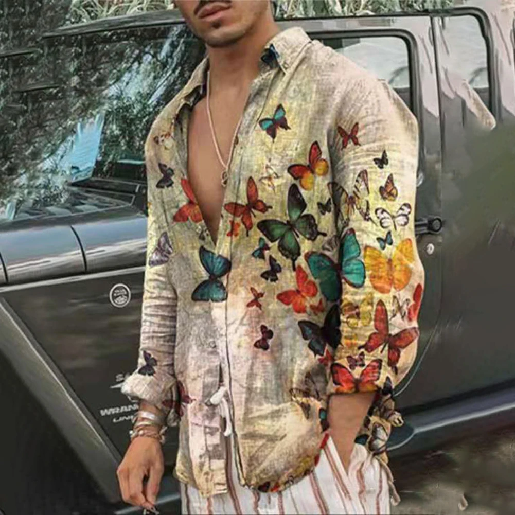 남성용 파티 원피스 셔츠 밴드 칼라, 바로크 단추 다운, 하와이안 라펠, 긴팔 나비 프린트 하이 퀄리티