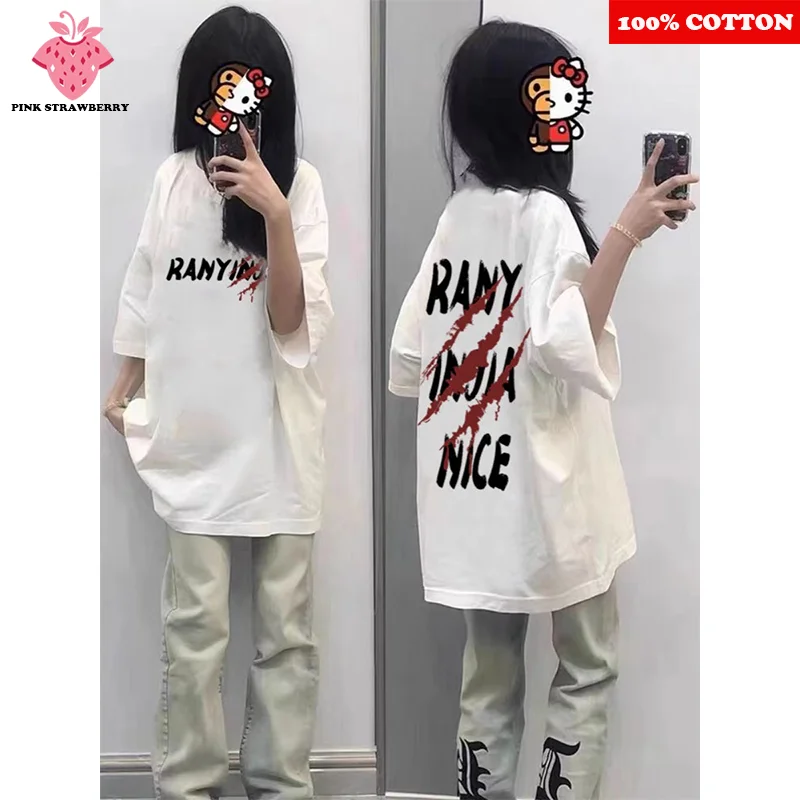 

100% Cotton Short sleeve T-shirt Women's Summer 2025 New American Letter Print Street Tee Casual Y2k Tops Youth Female clothing