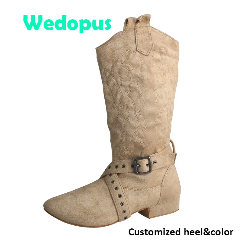 Wedopus Personalized Heel Line Dancing Boots for Women Suede Apricot Ballroom Dance Boots Suede Sole