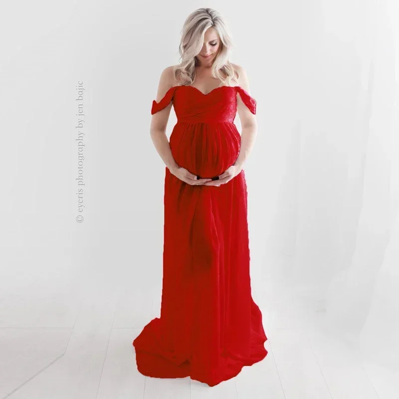 

Sexy Maternity Dresses For Photo Shoot Women Pregnant Photography Prop Pregnancy Dress Lace Long Strapless Maxi Front Slit Dress