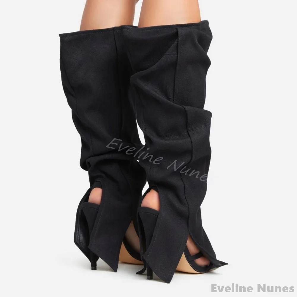 Black Open Toe Trouser Boots Women Summer Hollow Pleated Slip On Stiletto Heel Knee High Sandals 2025 New Fashion Catwalk Boots