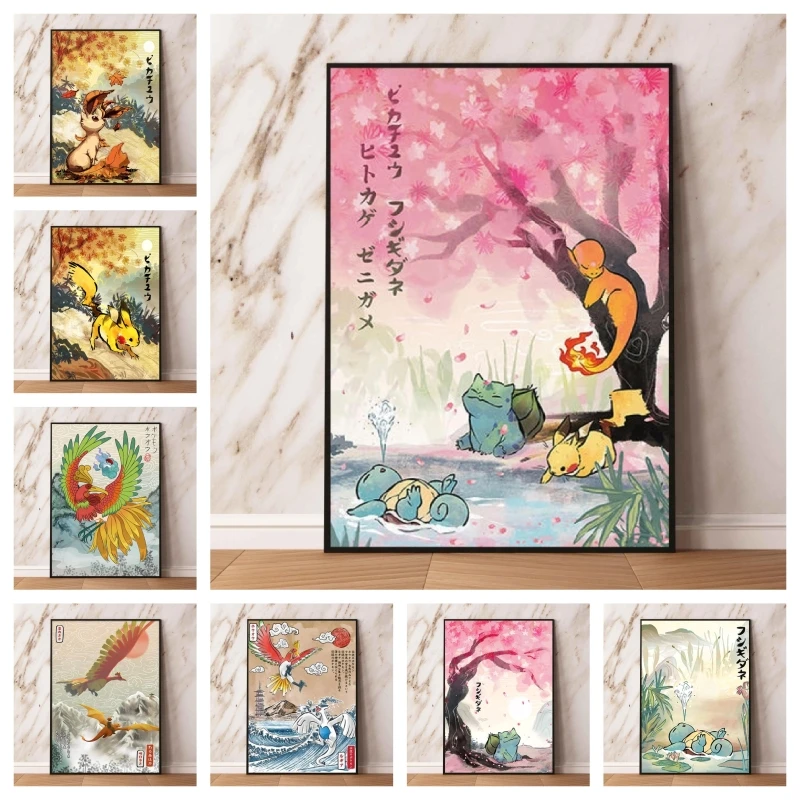 Japanese Anime Pokemon Canvas Painting Pikachu Charmander Eevee Poster Print Watercolor Wall Art Picture Home Decor Kids Gift