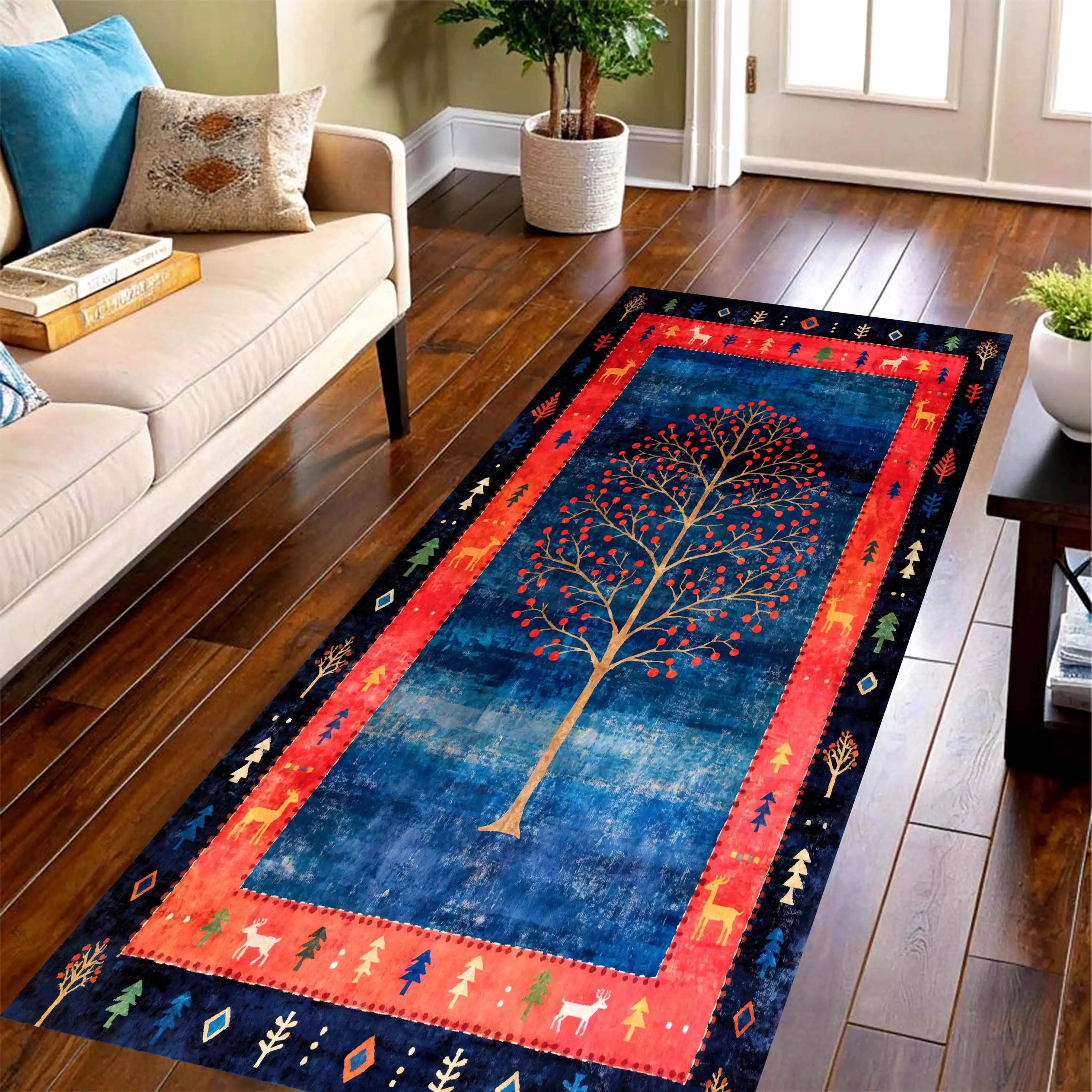 Tribal Life Tree Long Runner Rug,ethnic animal tree print floor mat,kitchen passage,bedroom,front entry floor decor