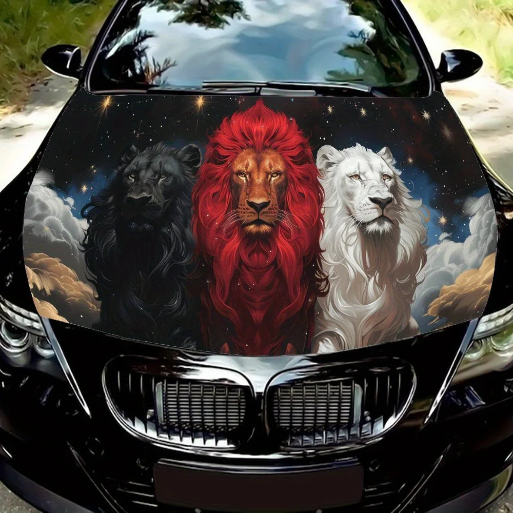 

Three Fantasy Lions Car Vinyl Wrap, PVC Waterproof Car Hood Sticker, Self-Adhesive Scratch-Resistant Stickers for Engine Cover,