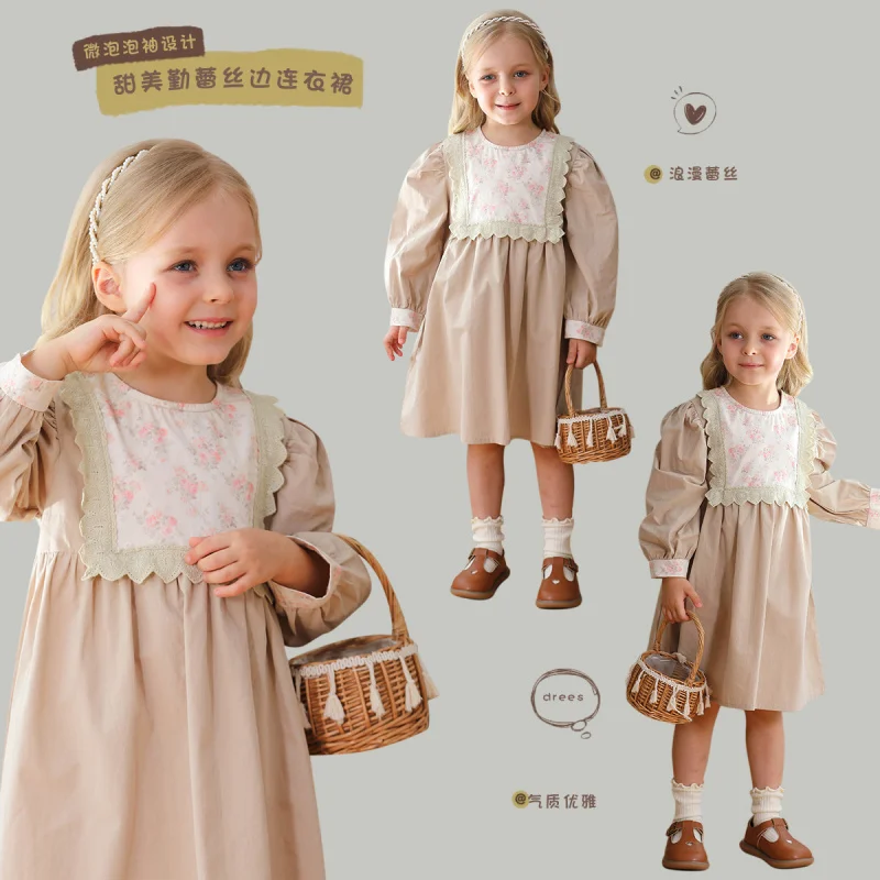 

Children's Clothing Floral Lace Contrast Color Girl Dress2024Autumn round Neck Long Sleeve Girls' Skirts Mori Style