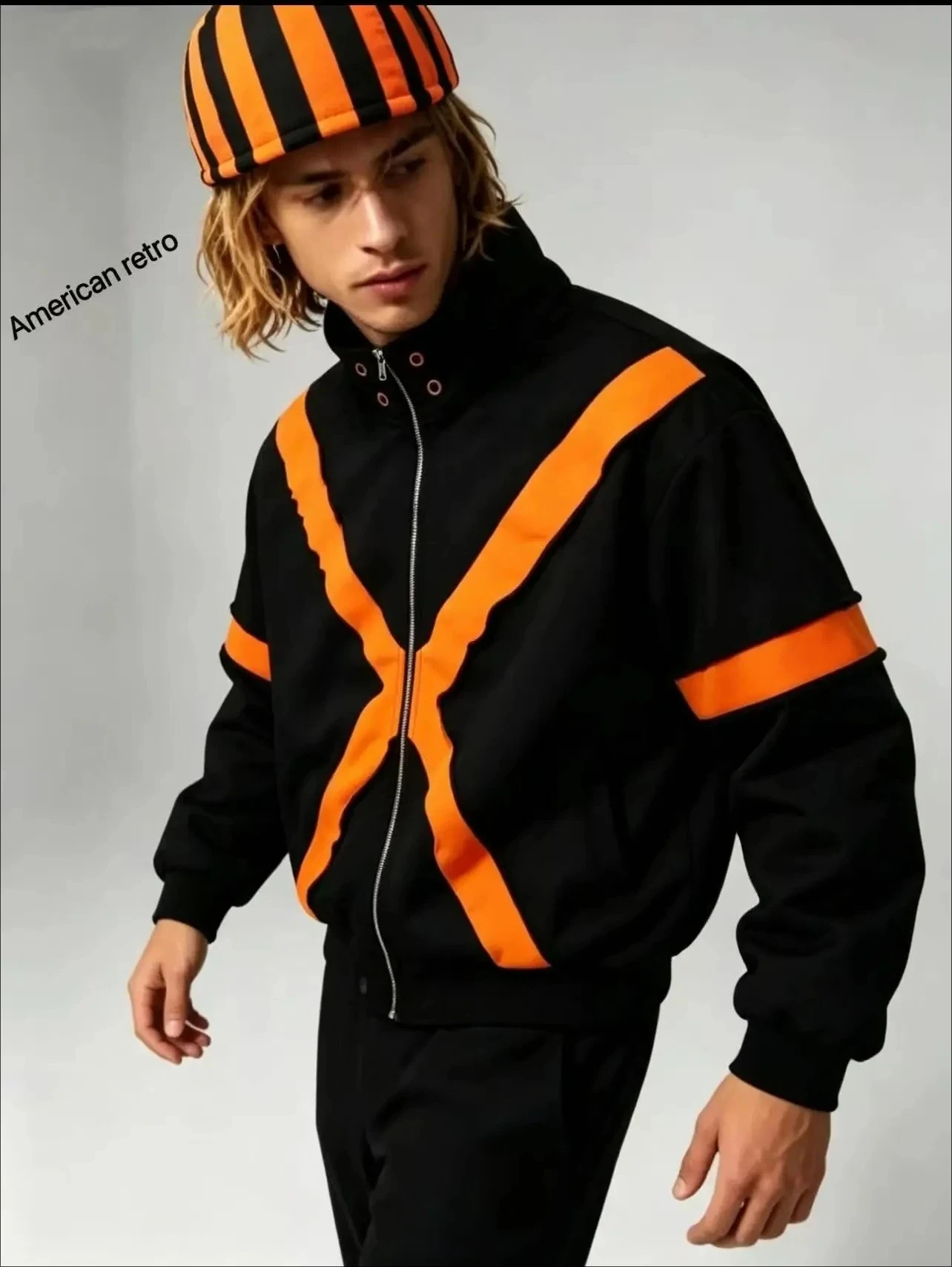 2026 American Fashion Black and Orange Cross Harajuku Men Clothing High Street Loose Stand Collar Design Zipper Cardigan Jacket