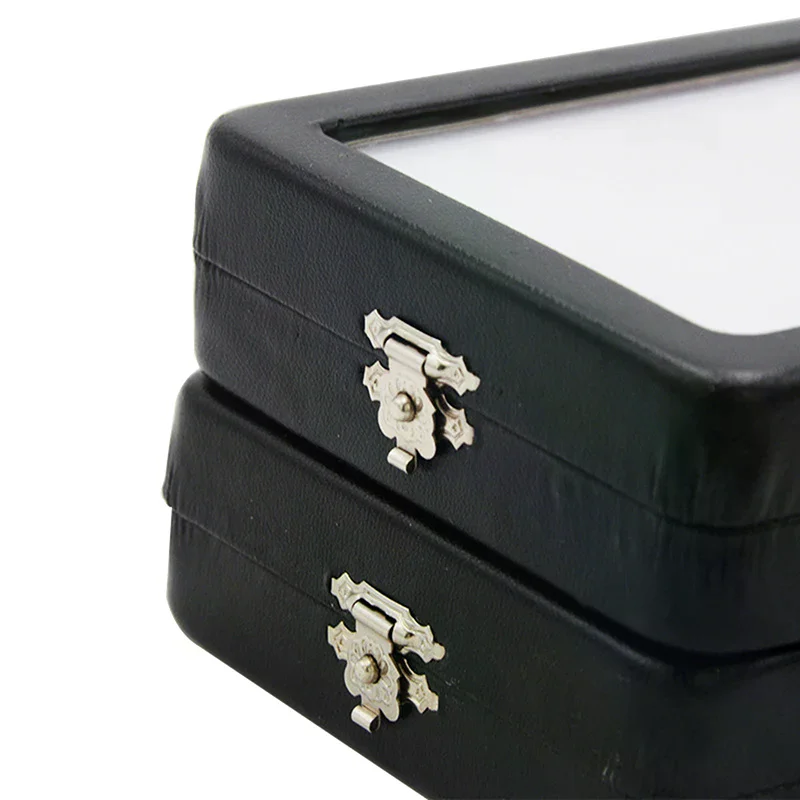 Neue schwarze PU-Lederimitat-Schmuckschatulle mit Schnalle, Edelstein-Strass-Aufbewahrungsbox, transparentes Sichtfenster