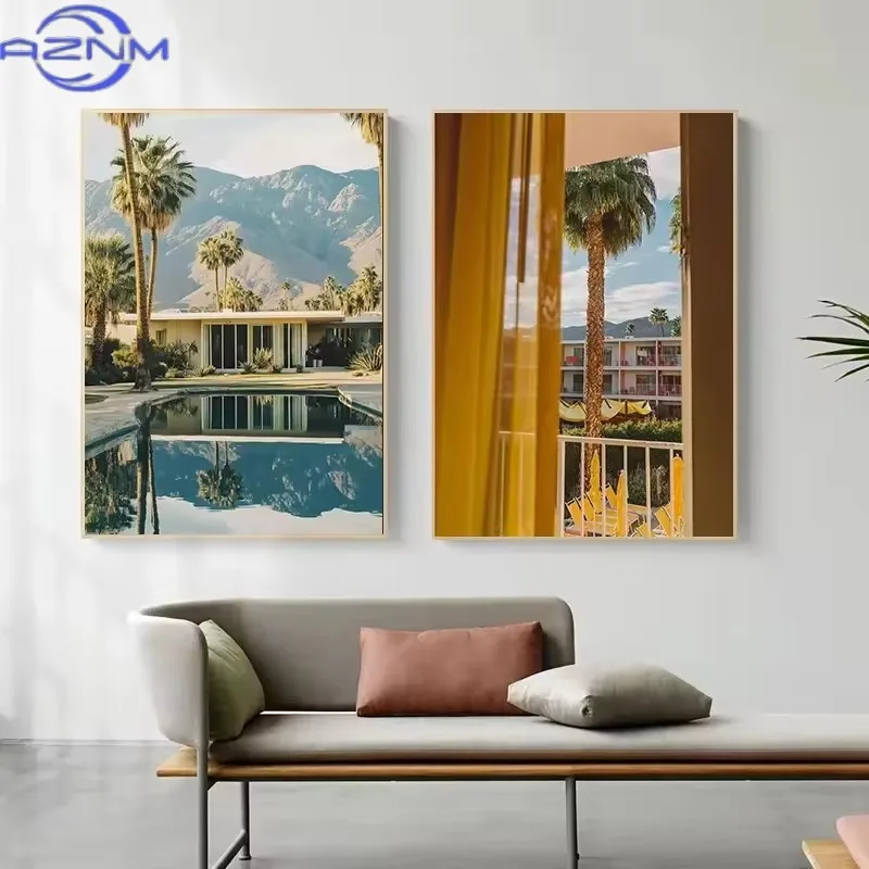 Summer Retro Fresh Palm Pool Resort Landscape Poster Canvas Oil Painting Prints Wall Painting Living Room Bedroom Home Decor