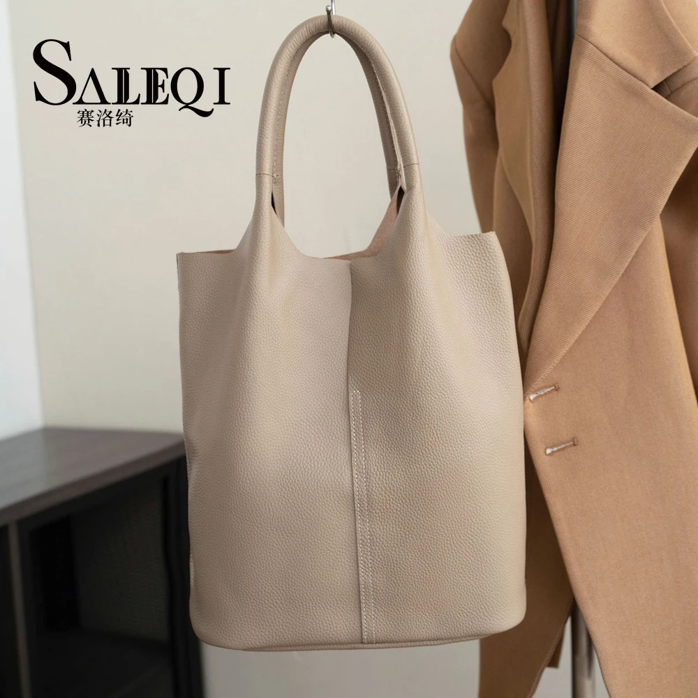 

Cowhide Women Shoulder Bags Fashion Genuine Leather High Quality Ladies Handbags Snap Bag Large Capacity Bucket Bag Black Khaki