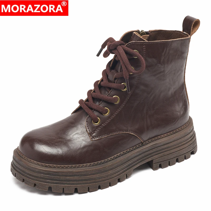 MORAZORA Genuine Leather Boots Women Zip Ankle Boots Lace Up Autumn Winter Brown Black Women's Boots Platform Shoes