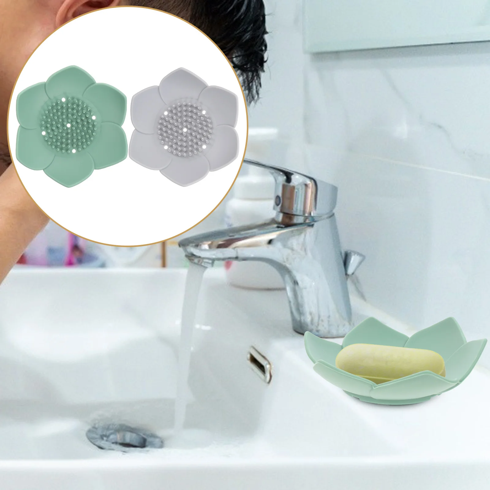 

2pcs Silicone Soap Holder Lotus-Shaped Drain Spout Self-Draining Soap Tray For Bathroom Kitchen Sink Countertop Storage