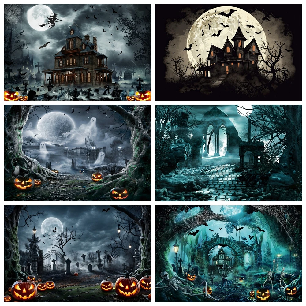 Halloween Night Photography Backdrop Gloomy Woods Graveyard Moon Horrible Cemetery Spooky Party Banner Background Photo Booth