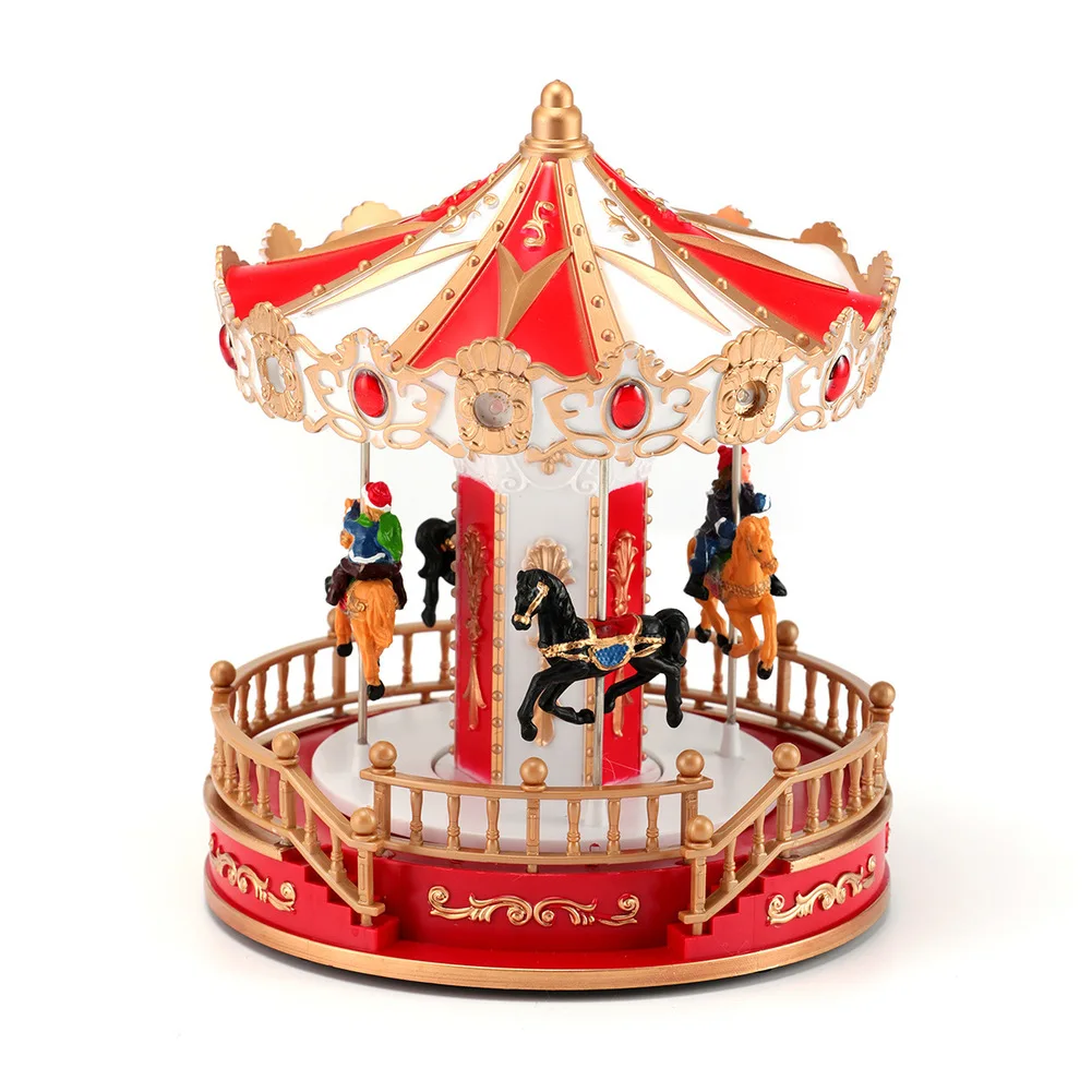 Holiday Decor Carousel Music Box with Light and Music Operated by USB and Batteries Featuring Multiple Switch Modes