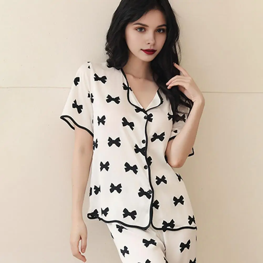 2 Pcs/Set Satin Pajamas Bow Printing V Neck Button-down Long Sleeve Shirt Wide Leg Trousers Homewear Outfit Spring Sleepwear