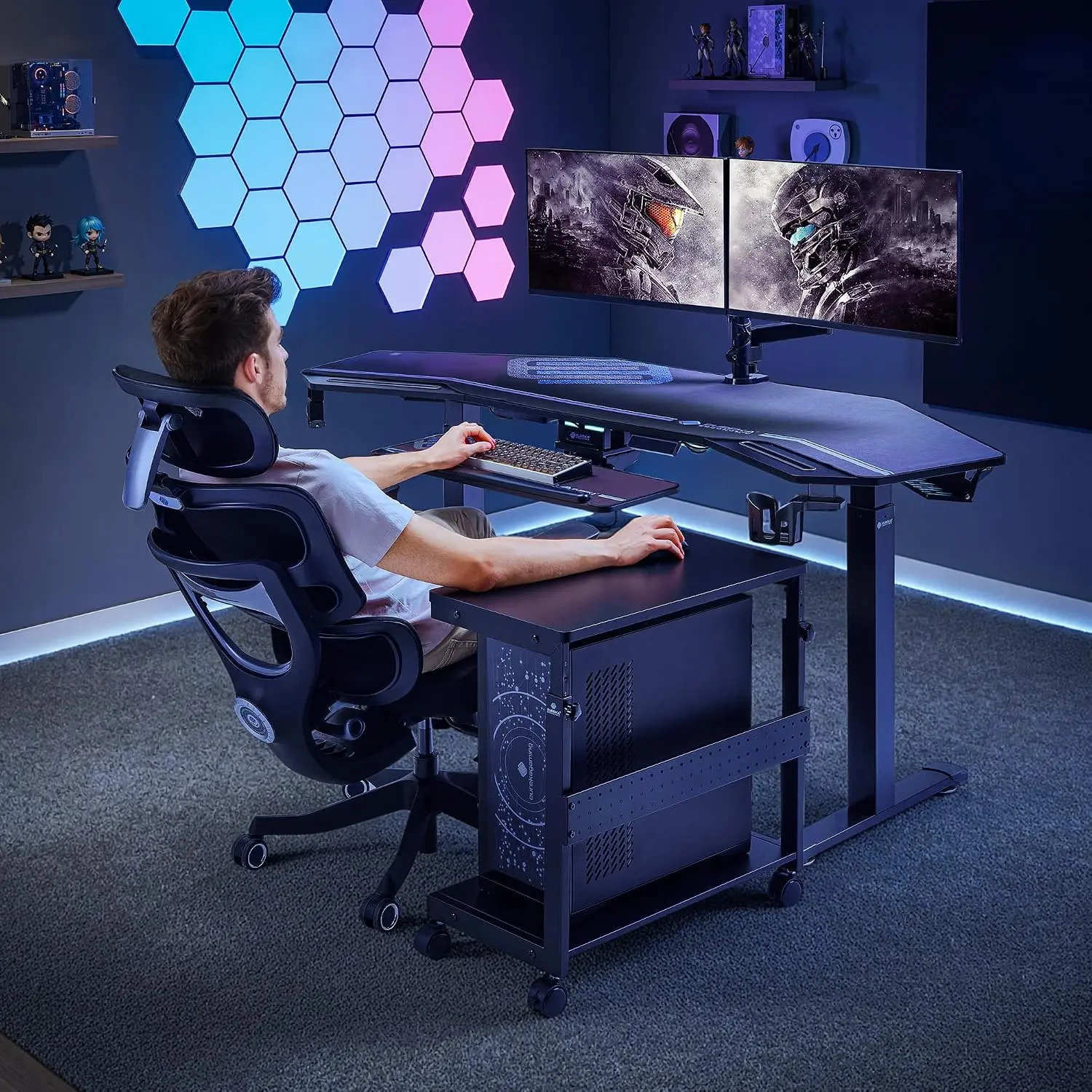 Metal Rolling Computer Cart Height Adjustable 2 Tier Tower Stand For Atx Case Printer For Gaming Home Office Carbon Fiber