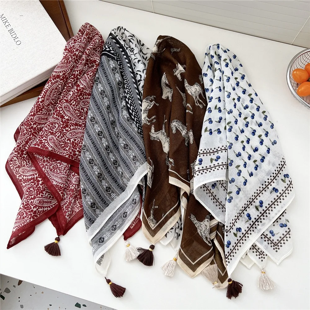 Women Cotton Linen Scarf Vintage Print Tassel Bandana Neckerchief Soft Square Headscarf Retro Paisley Floral For Daily Accessory