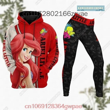 A pequena sereia ariel conjunto de leggings com capuz feminino cintura alta calças de yoga conjunto disney yoga leggings com capuz moda esportes terno