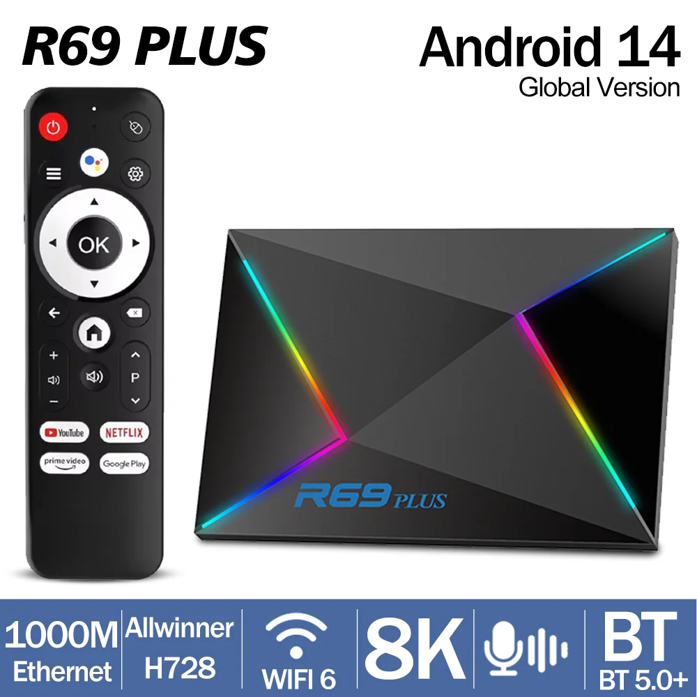 2025 الأصلي R69PLUS أندرويد 14 TV Box ثماني النواة A55 CPU Allwinner H728 Mali G57 GPU WiFi 6 8K فيديو BT5.0 + 1000M إيثرنت