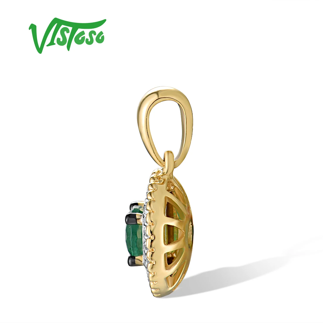 VISTOSO Authentic 14K 585 Gold Pendant For Women Yellow Gold Sparkling Emerald Diamond Round Pendant  Elegant Fine Jewelry