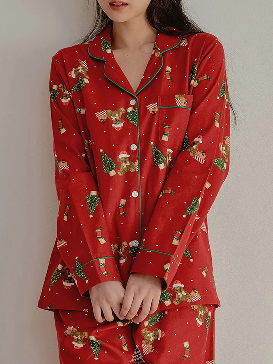 Women Christmas Pajama Set Tree Bear Print Long Sleeve Shirt with Pants Sleepwear Loungewear