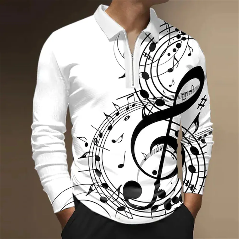 Summer Men Long Sleeve Polo Shirt 3D Printed Music Notes Graphic Funny Polo Shirts Oversize Tops Tees Designer Outfit Clothing