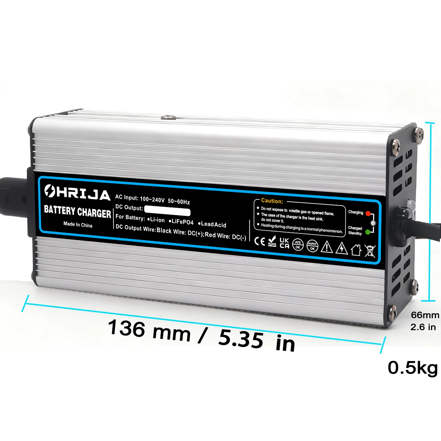 شاحن ذكي 54.6 فولت 2 أمبير مناسب لبطاريات ليثيوم 13S 48 فولت مع غلاف من سبائك الألومنيوم، بدون مروحة، صامت، DC5.5*2.1 OHRIJA