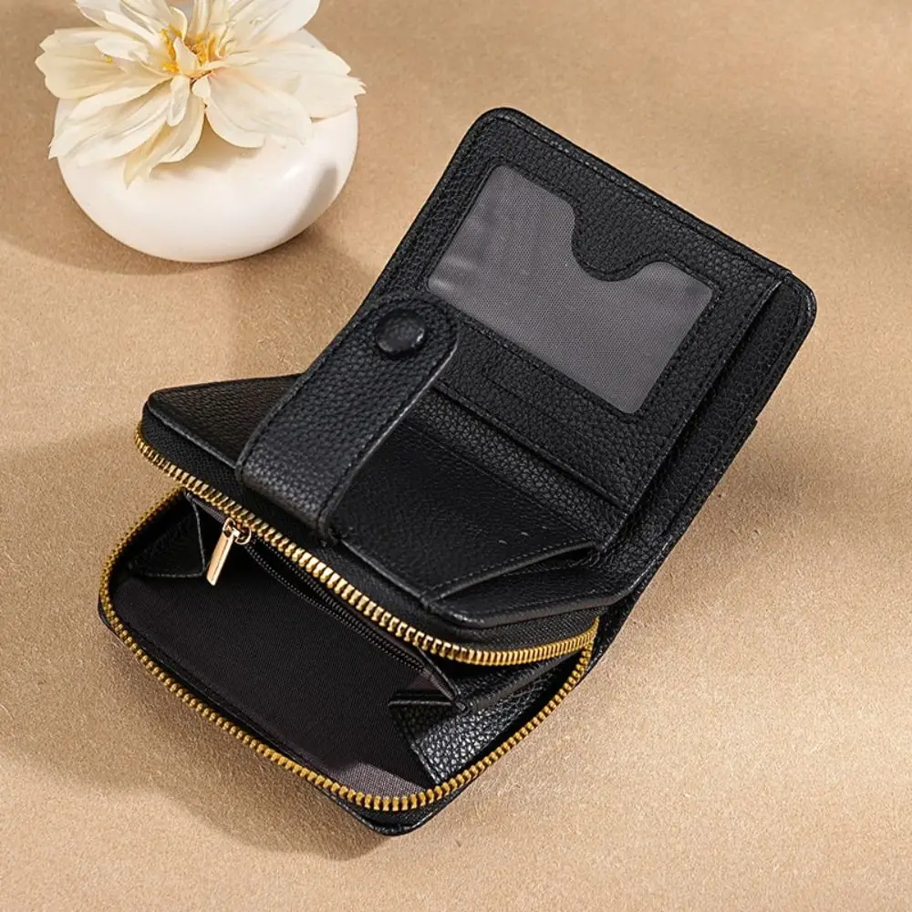 Cartera corta elegante para mujer, monedero de negocios con patrón de lichi de cuero Pu, tarjetero de compras con cremallera de Color sólido para banco/identificación/tarjeta de crédito