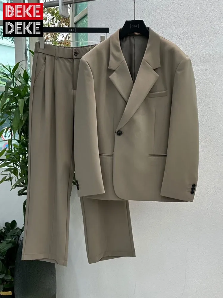 Autumn New Mens Business Work Suit Set Single Breasted Blazer Long Pants Two Piece Matching Set Loose Fit Vintage Outfits Suits
