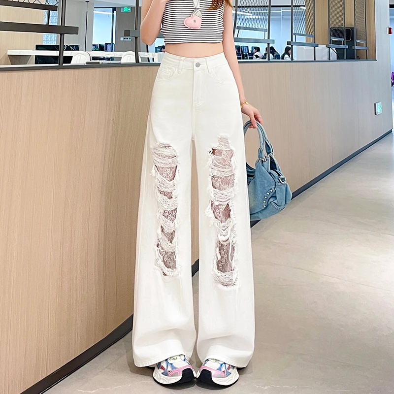 2026 Women's Summer Lace Patchwork Wide Leg Jeans Thin Breathable White Denim Pants Ripped High Waist Baggy Trousers New Trendy