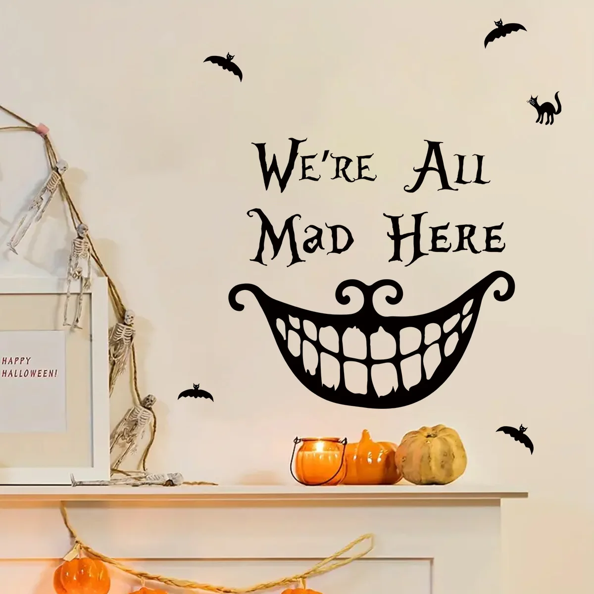 Decoración de Halloween, pegatinas de pared autoadhesivas en inglés con cara sonriente de Carnaval, pegatinas de pared de fondo de sala de vacaciones