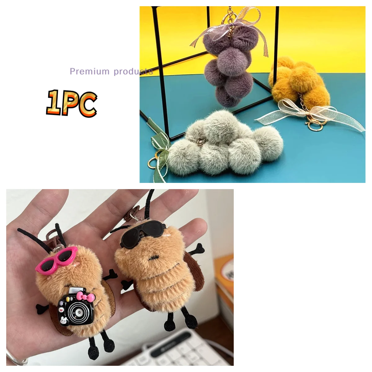 Carino creativo uva frutta fiocco in pizzo palla di pelo bambola di peluche giocattolo portachiavi ciondolo borsa zaino appeso fascino portachiavi per auto regalo di Capodanno