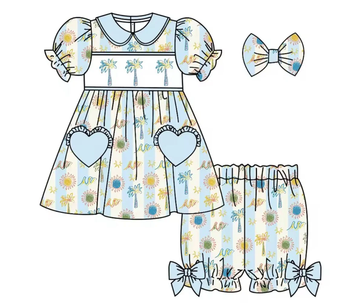 

New Summer Style Blue Heart-pocket Collared Short-sleeved Pajamas and Shorts Children's Pajamas milk silk Material Boutique Set