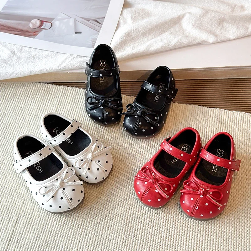 2026 Spring Autumn Kids Toddler Girls Retro Polka Dot Mary Jane Shoes Bow Non-Slip Sole for Daily Walking Outdoor Wear