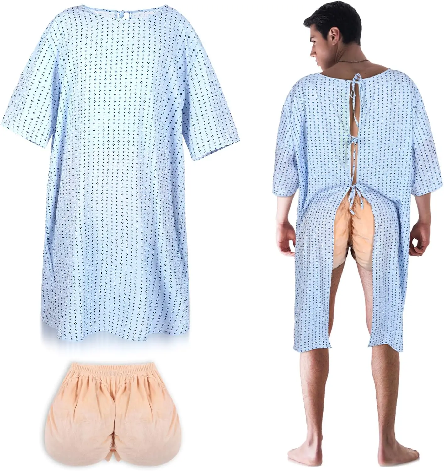 

3-Piece Unisex Funny Mardi Gras Cosplay Costume Set, Hospital Gown with Butt Cheeks Design for Dress-Up Parties in Blue